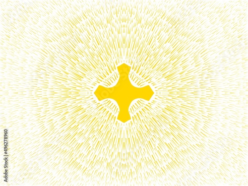 Fede. Religione. Pasqua. Croce raggiante dorata sfondo bianco. Luce magica  photo