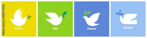 Peace dove with olive branch. Flat style vector illustration with white pigeon on colorful background for no war concept