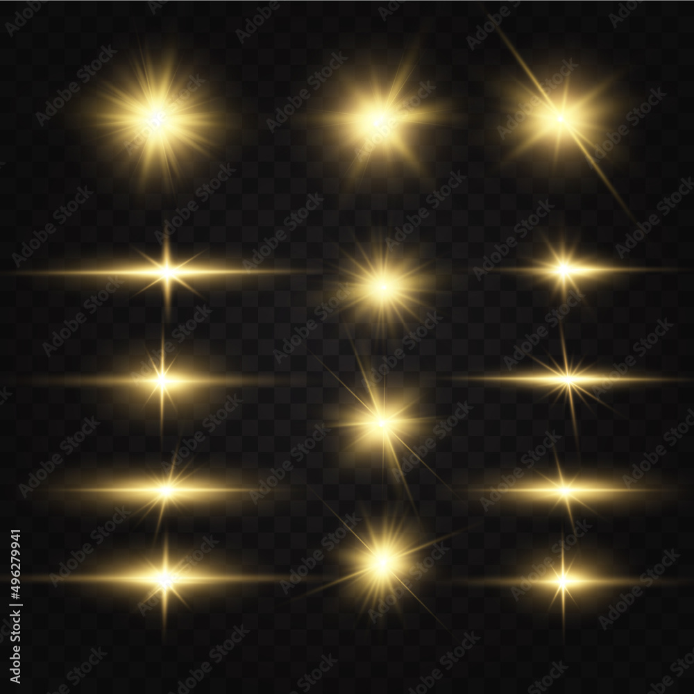 Shining golden stars isolated on black background. Effects, glare, lines, glitter, explosion, golden light. Vector illustration