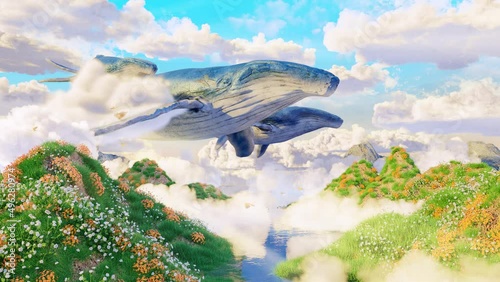 4k Hunchback whales gliding through the air over a magical landscape
