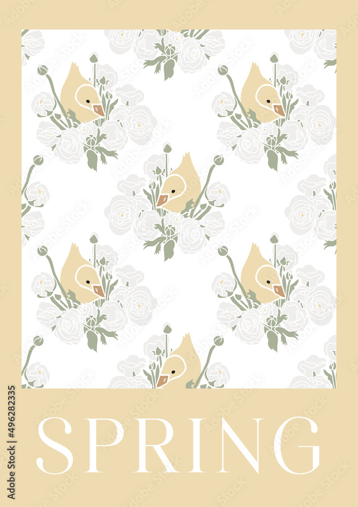Happy Easter. Modern flat Easter poster with ducklings and spring flowers. Aesthetics of spring. Cute pattern on a yellow background. Easter decor. Hello spring. Modern greeting card