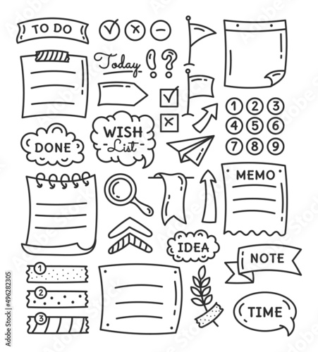 Diary, planner flat set of stickers. Isolated doodle elements for To Do List. Badges, patches, sticker pack. 