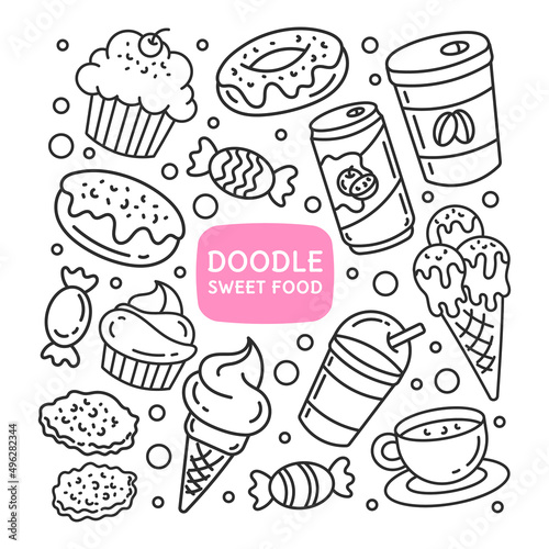 Wallpaper Mural Set of doodle elements with sweet food and drinks. Isolated illustrations on a white background. Torontodigital.ca