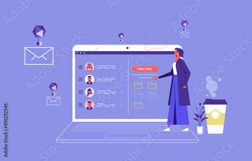 Concept of mailing list, emails or electronic addresses for communication, correspondence, newsletters, businesswoman with mailing list computer laptop sending email