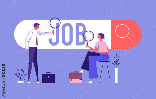 Employees looking for job, Employees using magnifying glass searching a job on the search bar, looking for employment and job vacancy concept