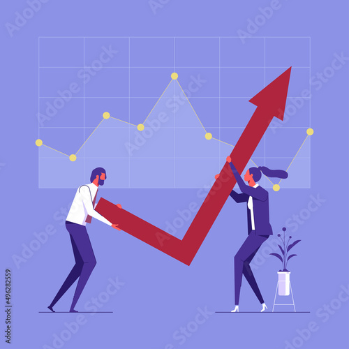Businesspeople couple rising up growing arrow, teamwork, financial growth concept, business people correcting direction of arrow