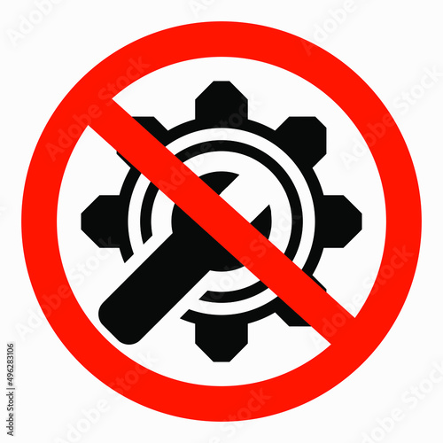 Do not repair. No settings. Icon prohibition gear. Shopping cart isolated minimal single flat linear icon for application and info-graphic. 