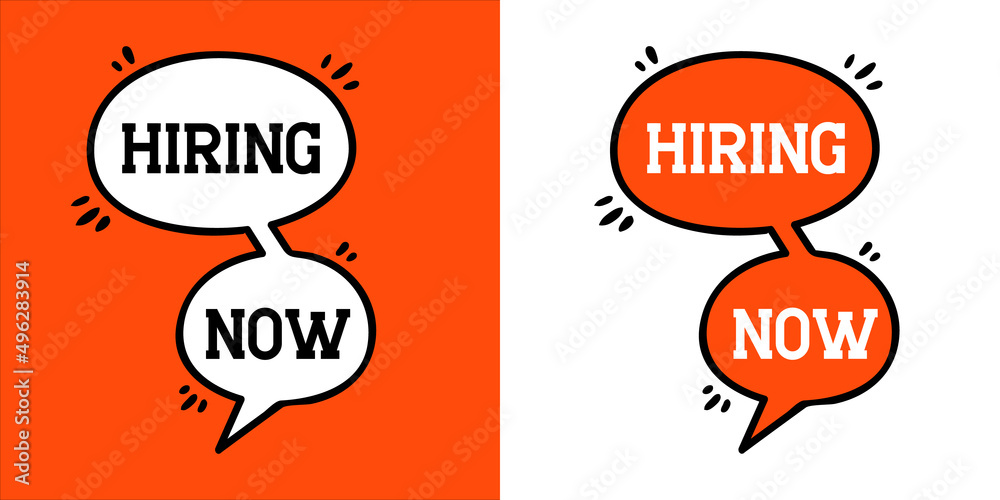 hiring now lettering in beautiful speech bubble isolated on a orange ...