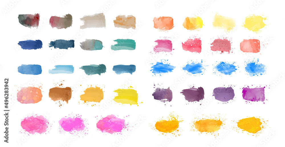 Set of watercolor brush stroke isolated on white background. Size can be increased with quality preservation. Hand painted stain. Gradients with overlay. Vector illustration for grunge design. Set of watercolor brush stroke isolated on white background. Size can be increased with quality preservation. Hand painted stain. Gradients with overlay. Vector illustration for grunge design.