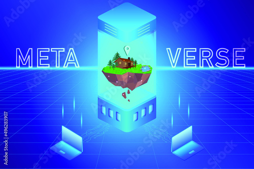 Metaverse Virtual Land, game finance technology, blue hologram portal 3d isometric design.