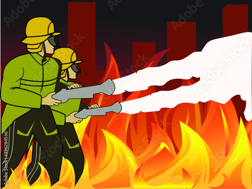 illustration of firefighters in uniform putting out fire
