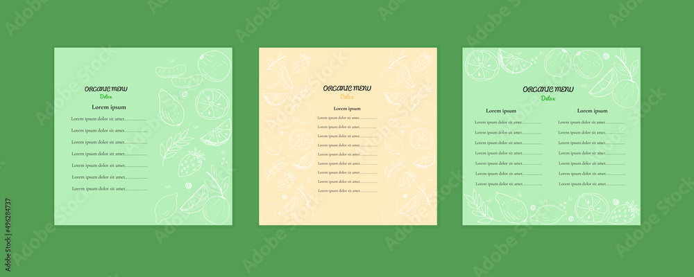 set of a detox menu template or an organic kitchen menu of hand drawn fruits. Healthy eating or vegetarianism as a way of life. Fresh products in a square composition with a text area set of a detox menu template or an organic kitchen menu of hand drawn fruits. Healthy eating or vegetarianism as a way of life. Fresh products in a square composition with a text area