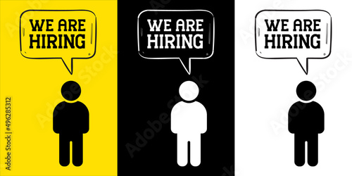 we are hiring lettering in a speech bubble with a person isolated on beautiful background, hiring now banner design