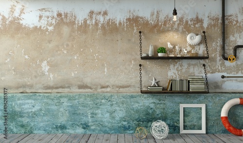 Creative interior lighthouse loft with a fireplace from a book