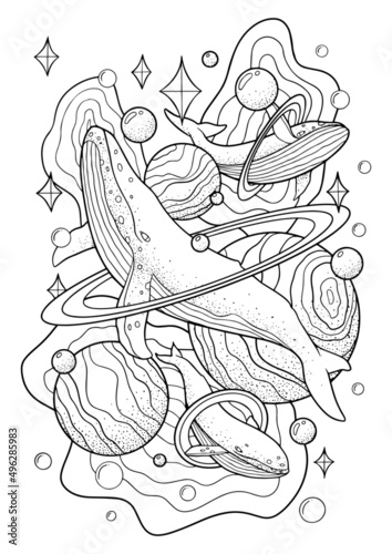 Coloring pages for kids of a whale and a planet