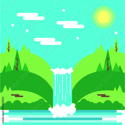 Awesome flat waterfall landscape. Nature. Tourism. Rocks and water. Cartoon vector flat illustration.