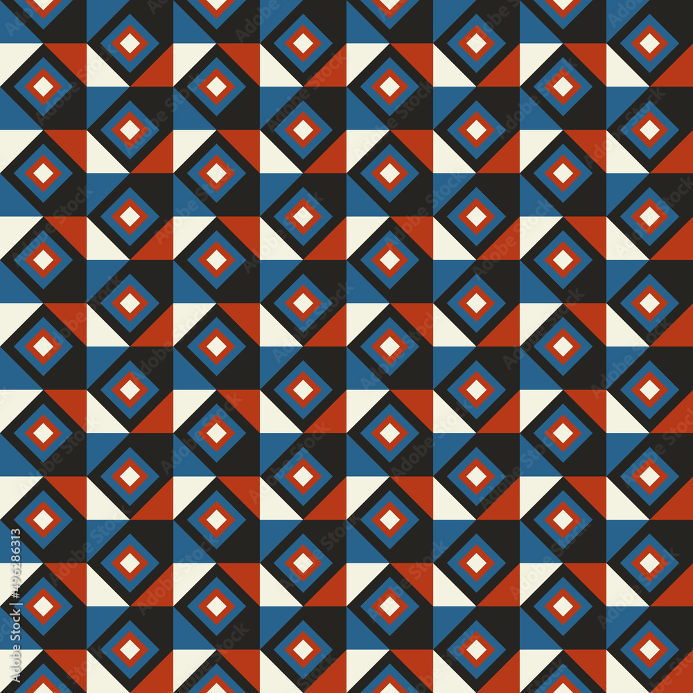 Red-blue rhombuses with black-and-white inserts. Vector pattern with seamless repeating diamonds. Red-blue rhombuses with black-and-white inserts. Vector pattern with seamless repeating diamonds.