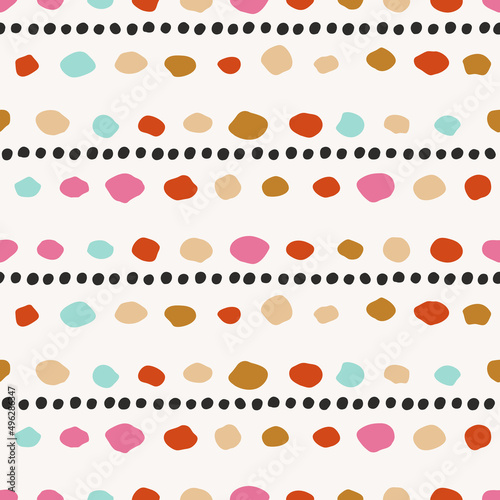 Abstract colored spots are lined up, along with black dots. Vector seamless pattern of decorative spots.