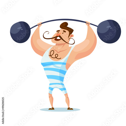 Circus strongman lifting barbell. Man in cartoon style.