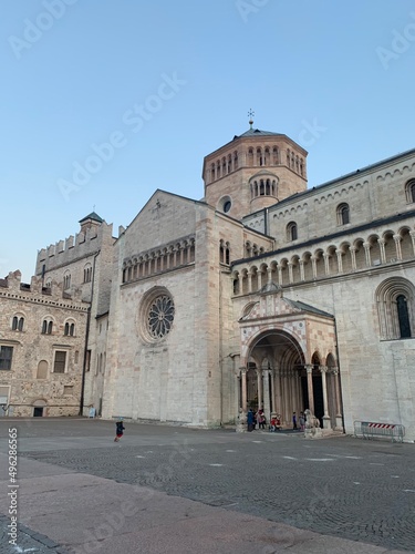 Facade of the cathedral of Trento foreshortened view with the rose window in the foreground