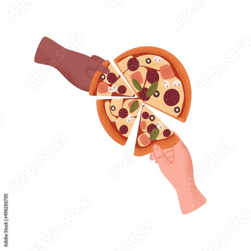 Hands taking pizza pieces. Italian food, pepperoni with sausage slices, champignon mushrooms, tomato sauce and cheese, top view. Friends eating. Flat vector illustration isolated on white background