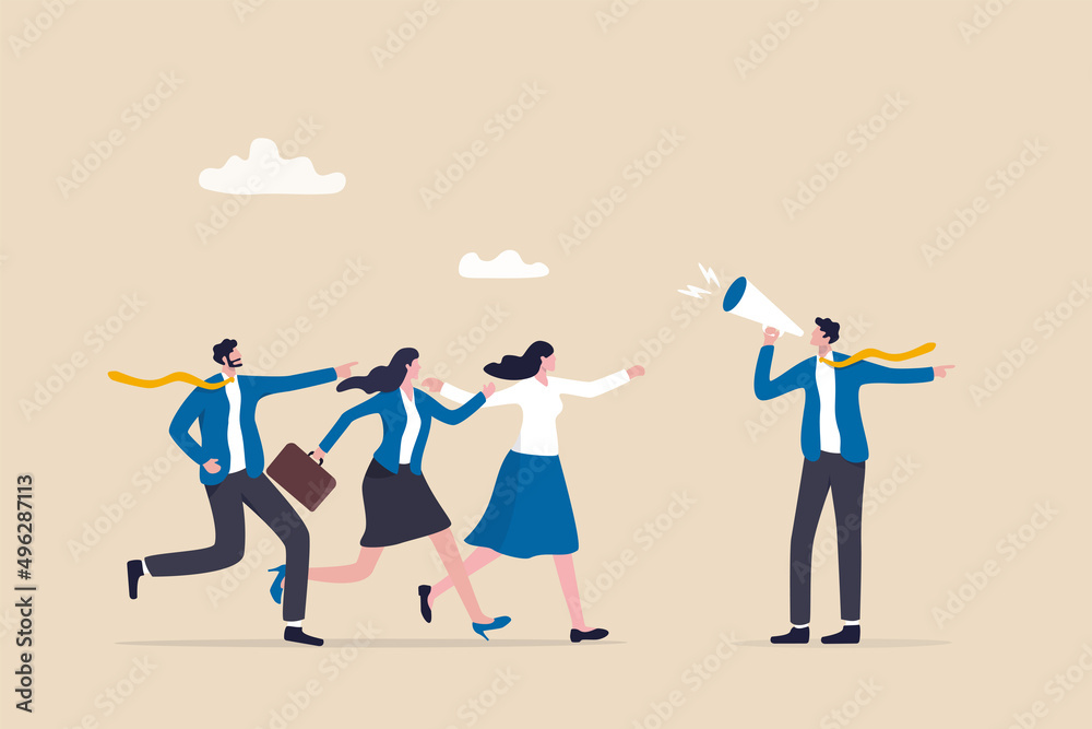 Business guide to move to the right success direction, leadership to tell solution way, support, help or giving instruction concept, businessman with megaphone tell coworkers to walk the right way. Business guide to move to the right success direction, leadership to tell solution way, support, help or giving instruction concept, businessman with megaphone tell coworkers to walk the right way.