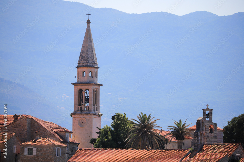 Bell tower in old town Budva in Montenegro