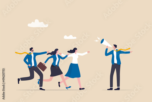 Business guide to move to the right success direction, leadership to tell solution way, support, help or giving instruction concept, businessman with megaphone tell coworkers to walk the right way.
