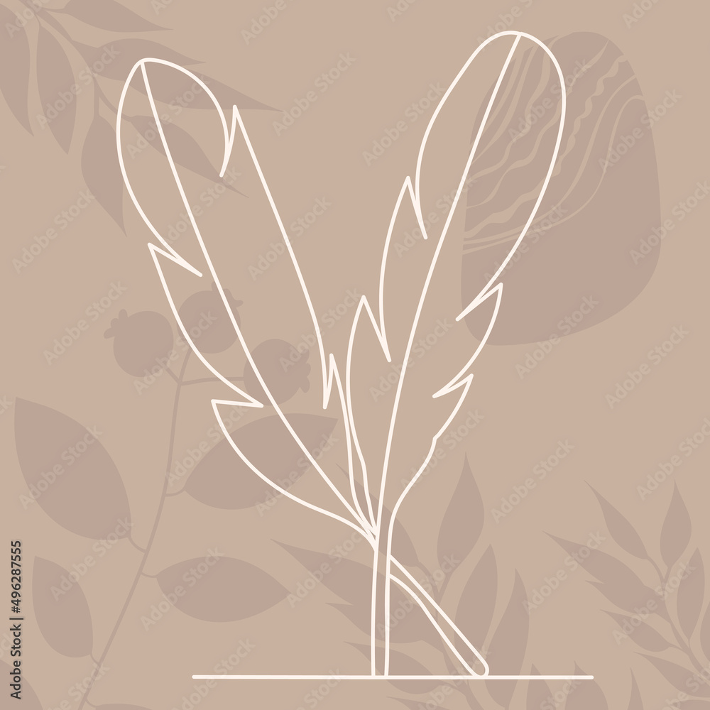 feather drawing in one continuous line, isolated vector