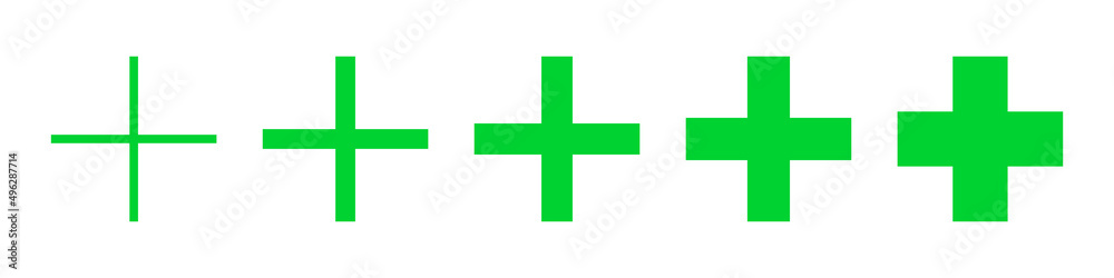 Plus green sign set thin to bold. Medicine vector eps icons. Medical symbol collection on white background. Various pharmacy isolated crosses Plus green sign set thin to bold. Medicine vector eps icons. Medical symbol collection on white background. Various pharmacy isolated crosses