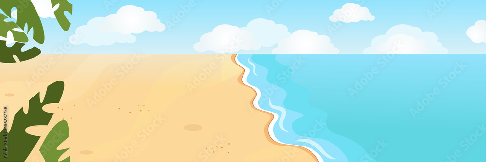 Horizontal banner sea sandy shore with clouds and waves in cartoon flat style. Blue sky and water and clean yellow sand. The mood of freedom and serenity.