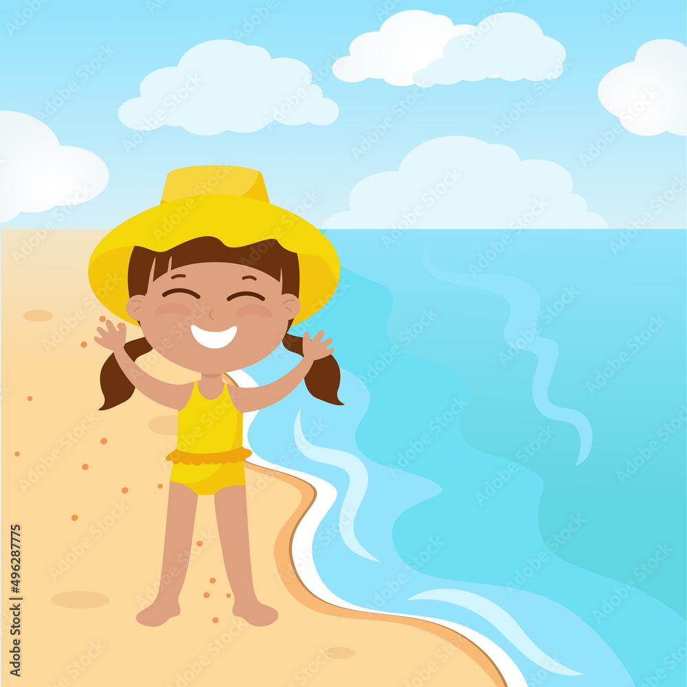 A girl in a yellow bathing suit and a hat stands on the sand near the sea. The child sunbathes on the embankment and smiles happily. Cartoon illustration.