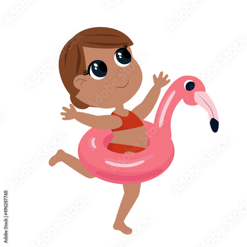 A girl runs in a pink bathing suit and with a pink flamingo rubber ring. The child smiles happily. Cartoon illustration.