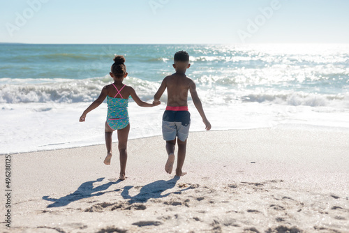 Rear view of african american siblings holding hands while running towards sea at beach on sunny day