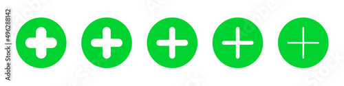 Plus sign set thin to bold in green circles. Medicine vector eps icons. Medical symbol collection on white background. Various pharmacy isolated rounded crosses
