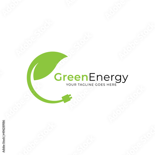 Renewable green energy logo template design. Electric charge leaf icon. Sustainable eco power company symbol. Vector illustration.