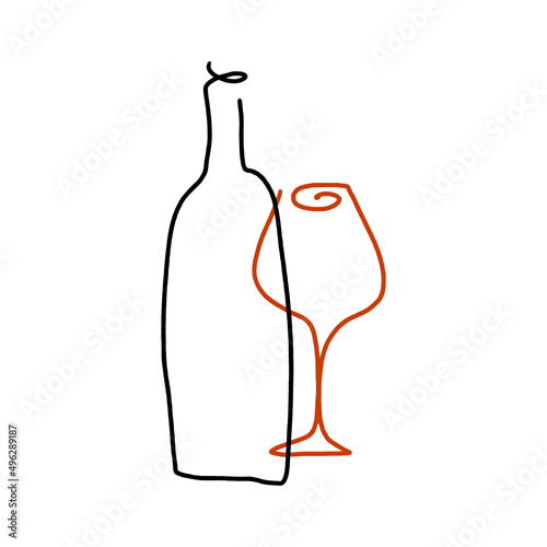 Vector line art wine minimal logo bottle and glass alcohol linear style label