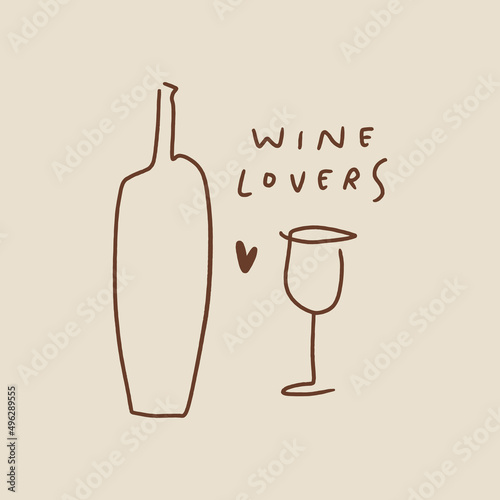 Vector line art wine minimal logo bottle and glass alcohol linear style label