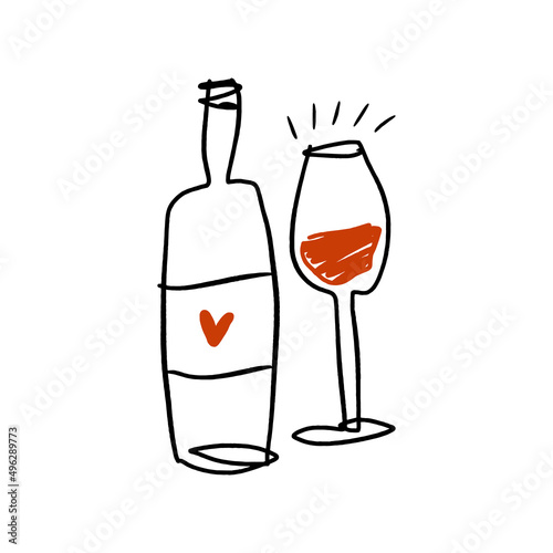 Vector line art wine minimal logo bottle and glass alcohol linear style label