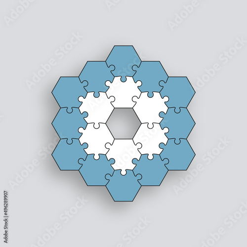 Puzzle pieces. Jigsaw grid. Thinking mosaic game with separate hexagonal details. Simple background stylized in hexagon shape. Cutting template. Vector illustration.