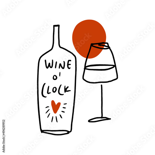 Vector line art wine minimal logo bottle and glass alcohol linear style label