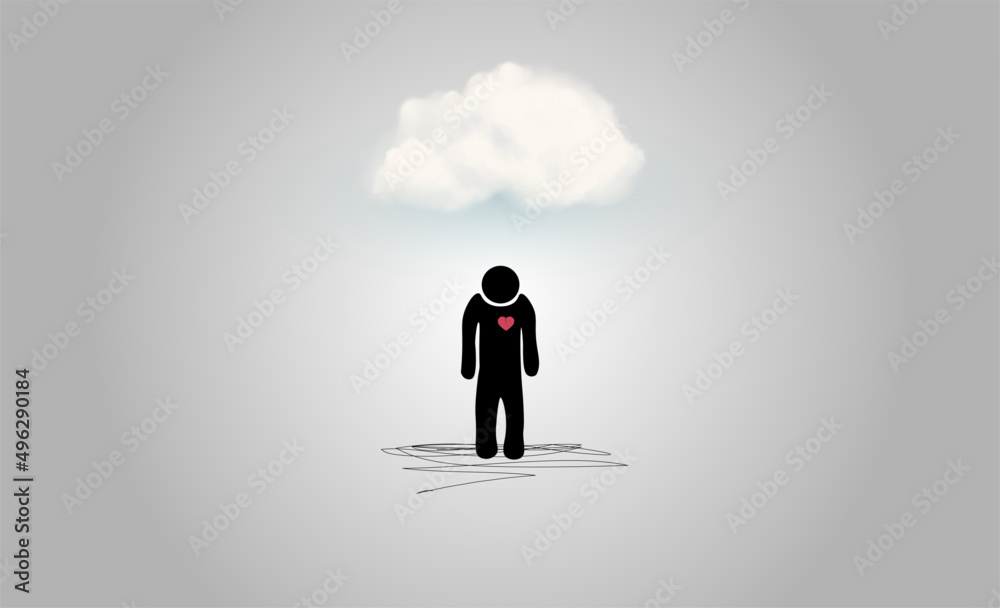 Sad stick person heart broken with cloud about head, conceptual, sad Joe, copy space Sad stick person heart broken with cloud about head, conceptual, sad Joe, copy space