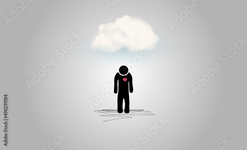 Sad stick person heart broken  with cloud about head, conceptual, sad Joe, copy space