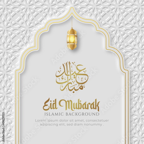 Eid Mubarak Greeting Card arabic islamic white and golden luxury ornament background