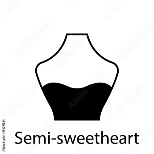 Semi Sweetheart of Fashion Neckline Type for Women Blouse, Dress Silhouette Icon. Black T-Shirt, Crop Top on Dummy. Trendy Ladies Semi Sweetheart Type of Neckline. Isolated Vector Illustration
