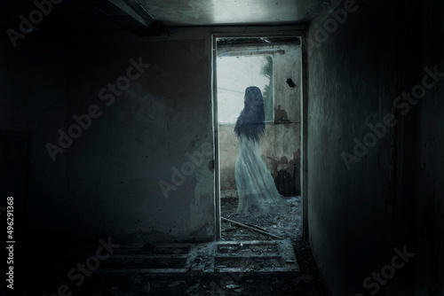 A woman ghost in a long dress floating past a doorway. In a haunted abandoned spooky house. photo