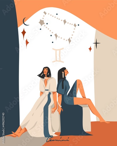 Hand drawn vector abstract stock graphic simple astrology celestial illustration art with modern collage,artistic contemporary print template of boho zodiac sign Gemini with female character.