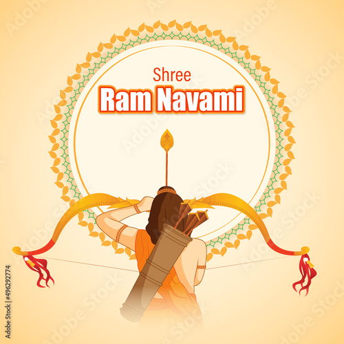 Vector illustration concept of Spring Hindu festival, Shree Ram Navami(Hindi text),written text means Shree Ram Navami, Lord Rama with bow and arrow greeting, poster, banner, flyer