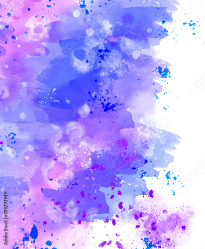 Purple and blue watercolor zigzag traces and splashes on a white background. Watercolor abstract background.