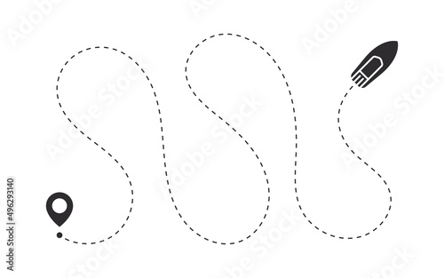 Boat travel. Boat itinerary. Ship on the route with pointers. Vector illustration